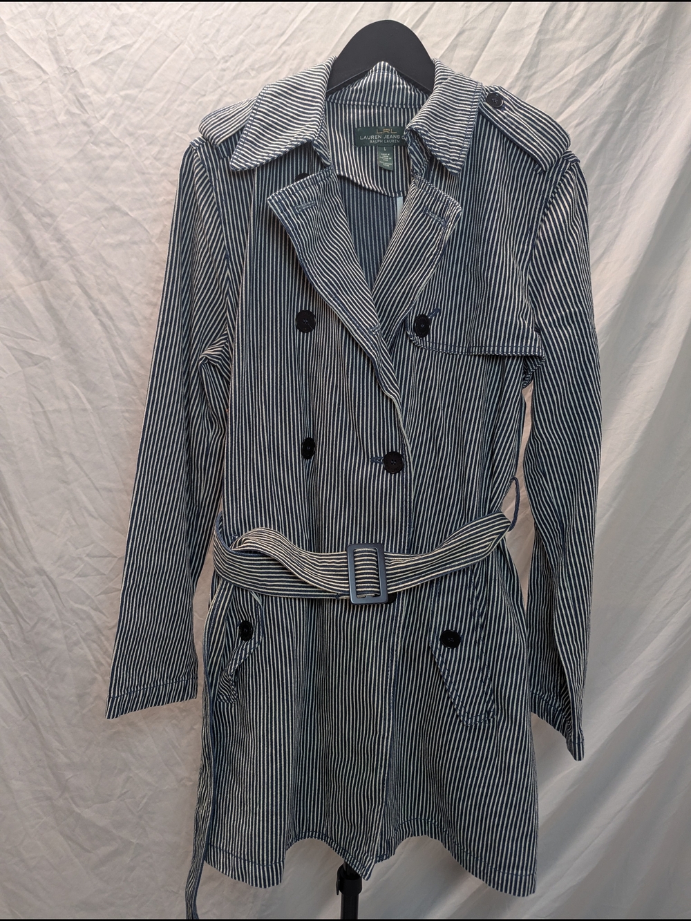 Ralph Lauren Women’s L Blue Striped Cotton Double Breasted Belted Trench Coat